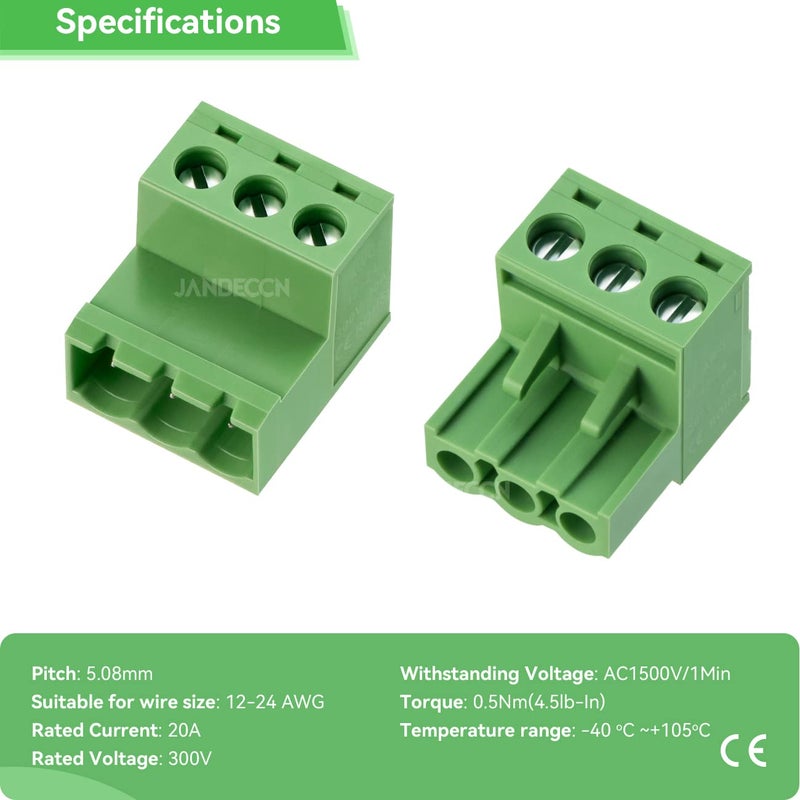 JANDECCN 20Pcs 3 Pin 5.08mm Pitch DIY PCB Mount Screw Terminal Block Connector with 20Pcs 3 Pin Phoenix Plug - Image 4